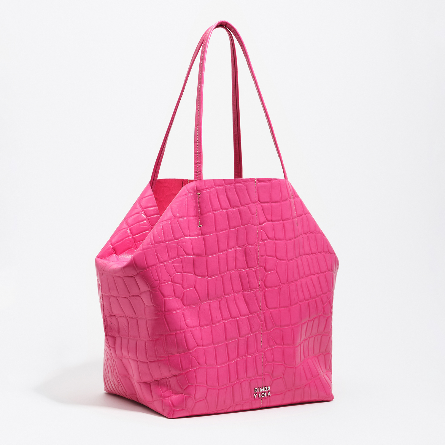 Bimba Y Lola Fuchsia Large Leather Shopper Bag In Crocodile Embossed