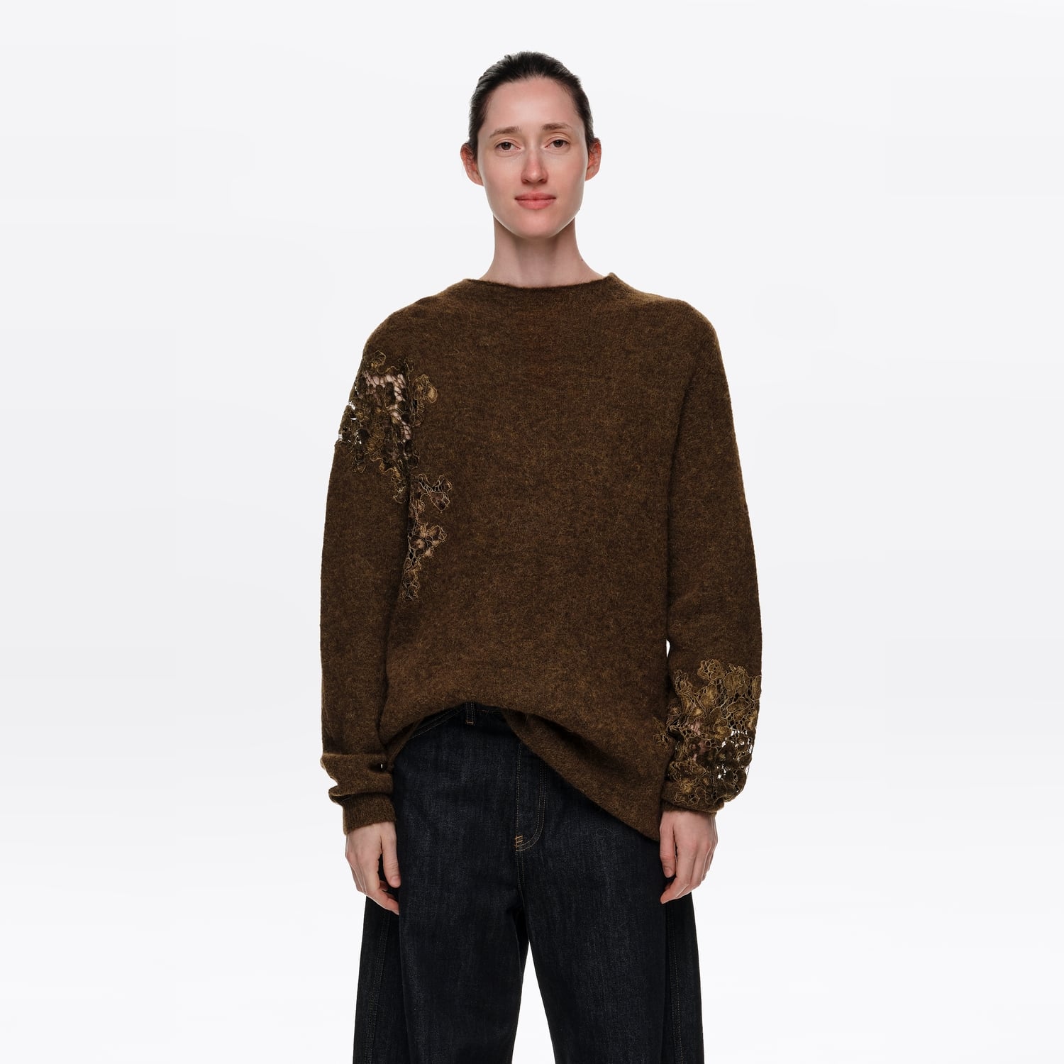 Sweter alpaka koronki stójka oliwkowy