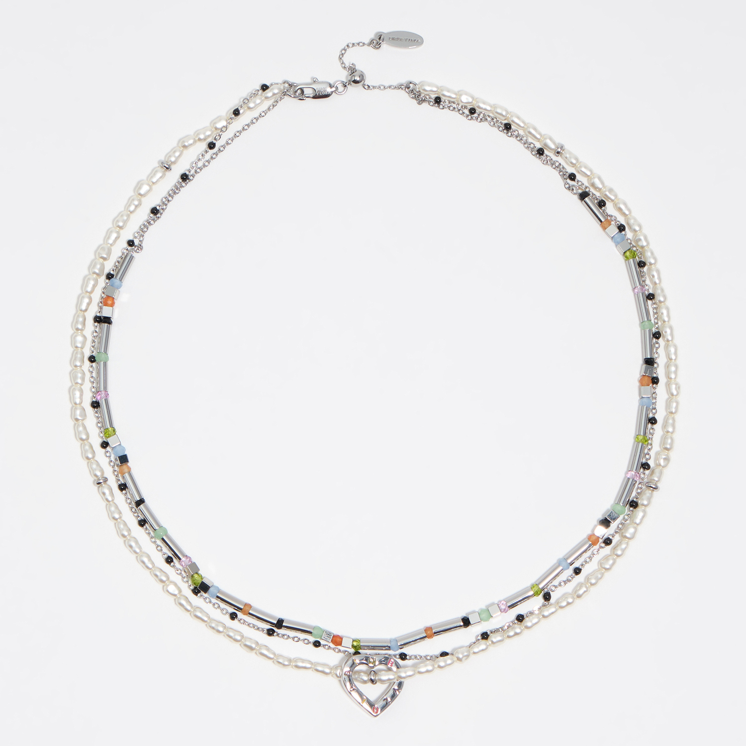 Bimba Y Lola Silver Triple Chain Necklace With Pearls Heart Logo