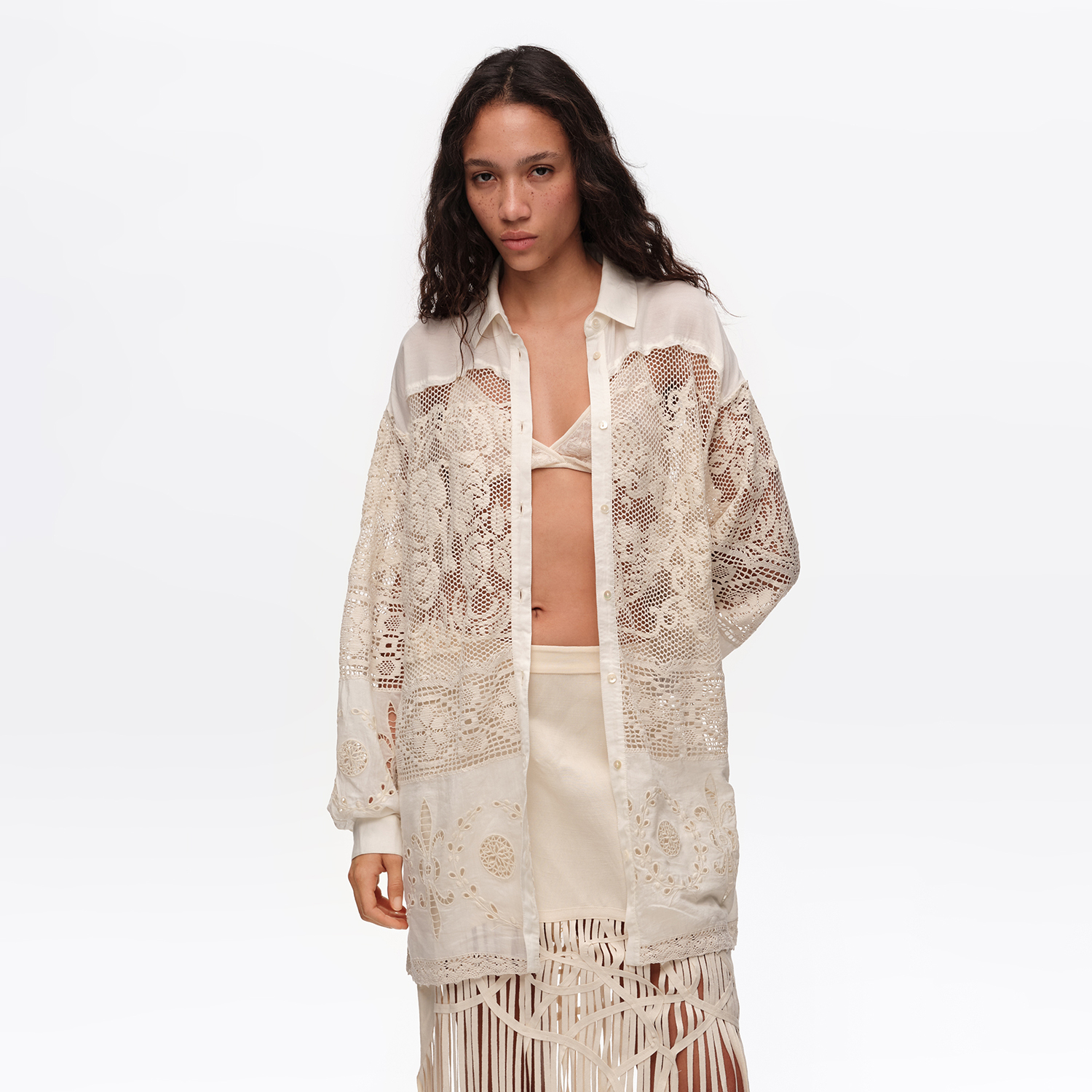 Koszula oversize patchwork koronki ecru