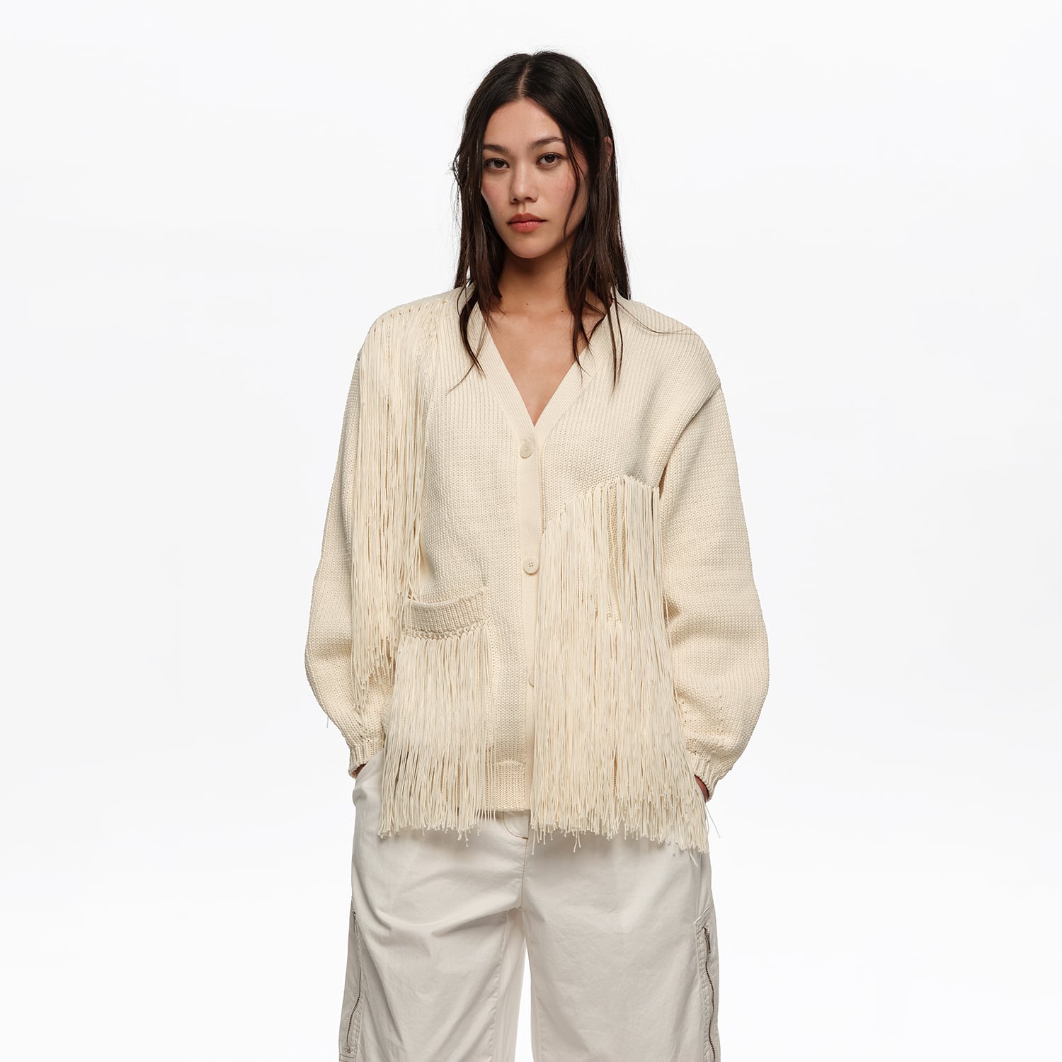 Bimba Y Lola Ivory Fringed Knit Cardigan