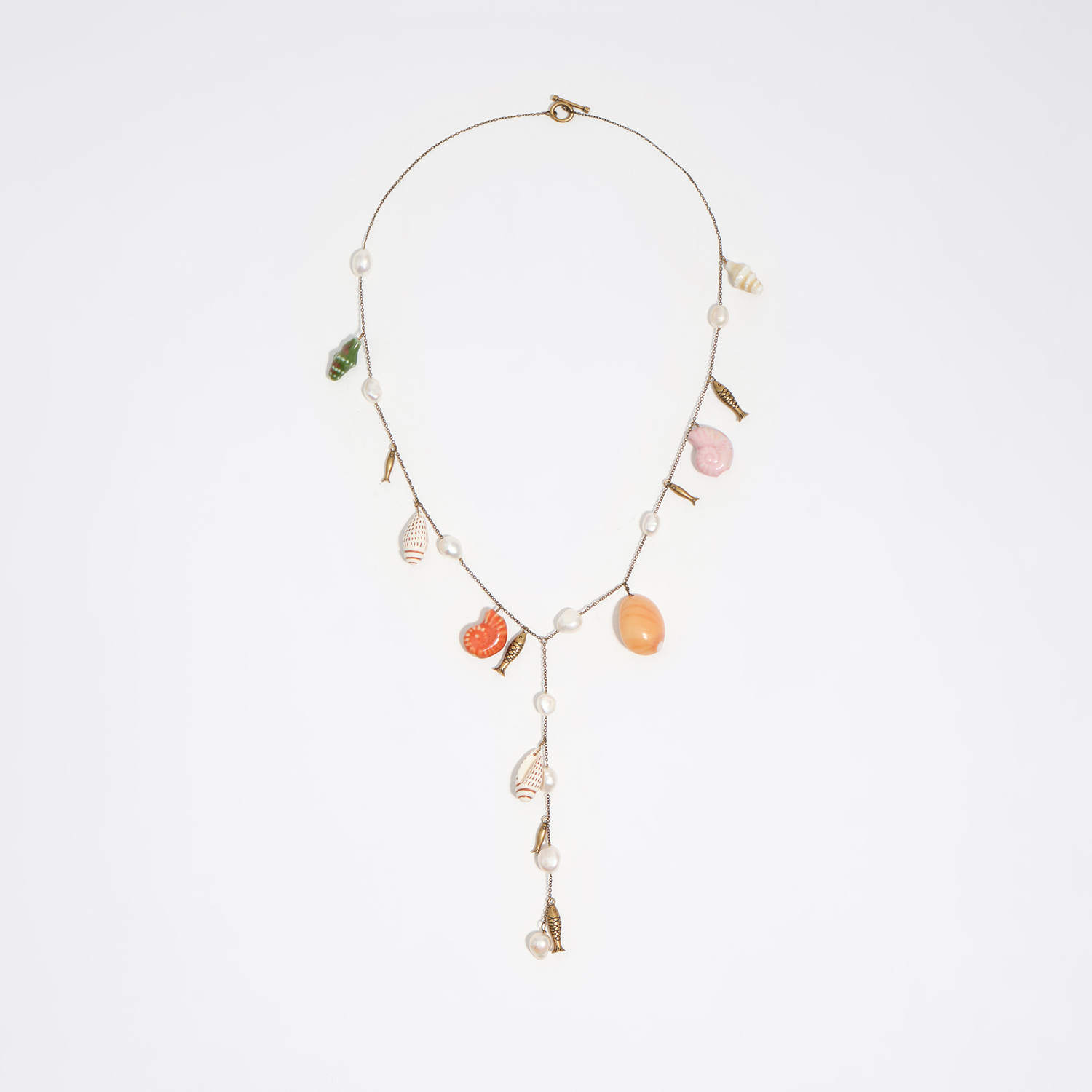 Bimba Y Lola Pearl Aged Gold Necklace With Ceramic Fish And Shells