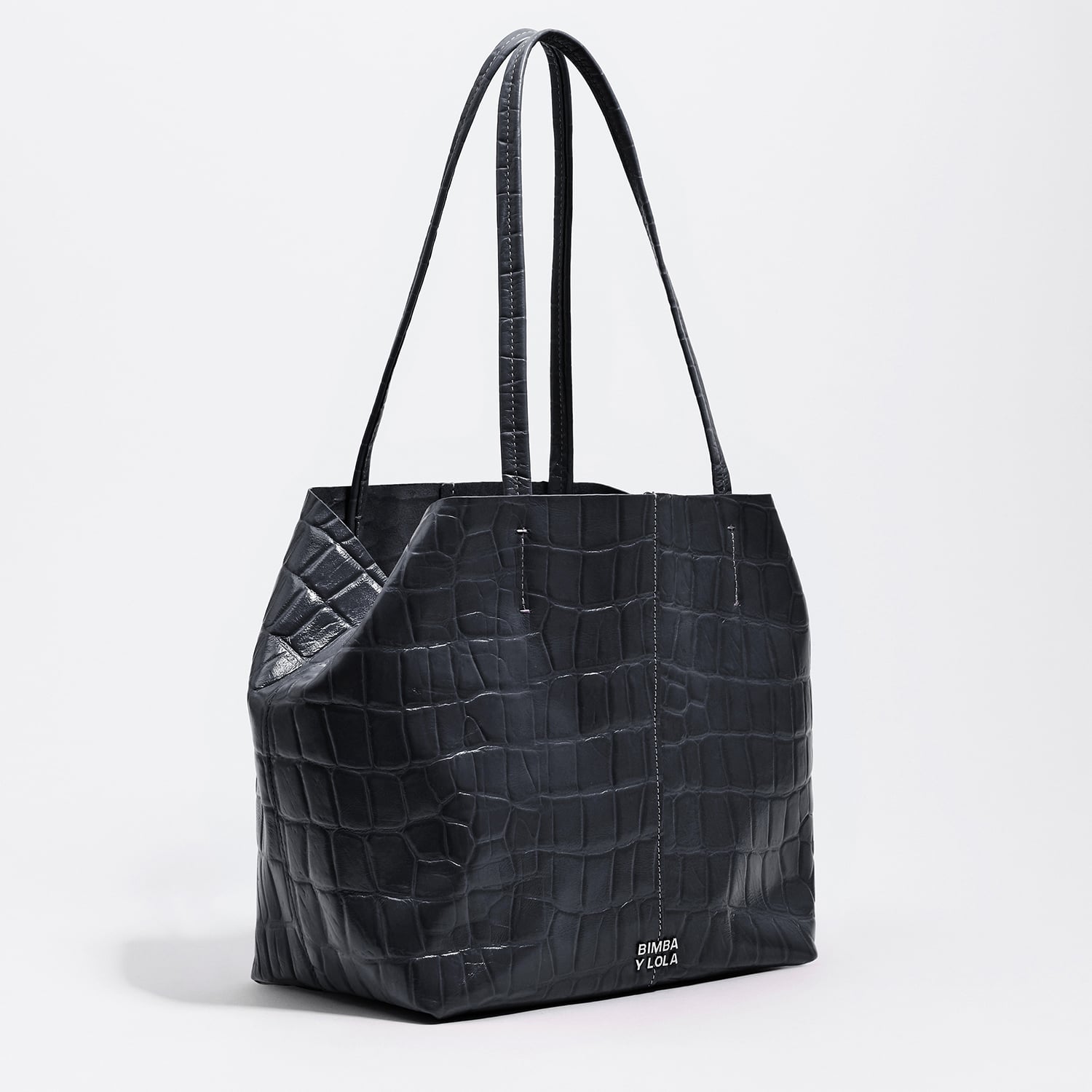 Bimba Y Lola Petrol Blue Medium Leather Shopper Bag In Crocodile Embossed