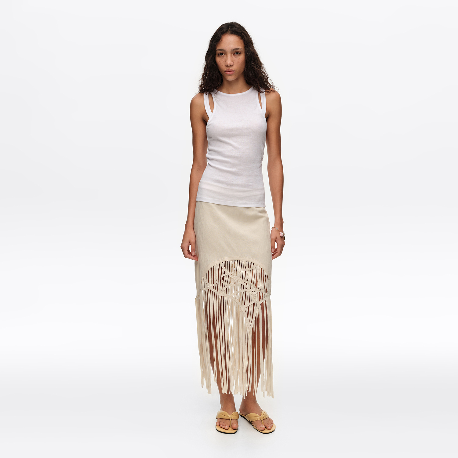 Bimba Y Lola Sand Irregular Fringed Linen Skirt
