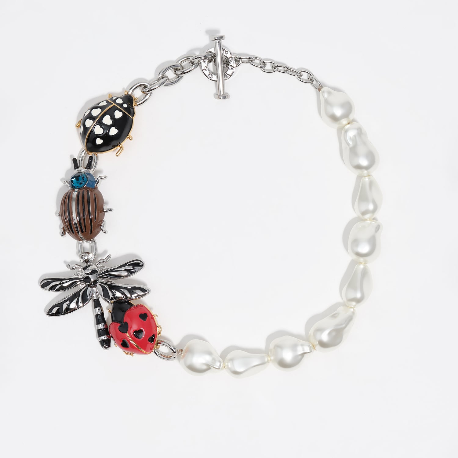 Bimba Y Lola Pearl Silver Chain And Necklace With Beetle And Dragonfly