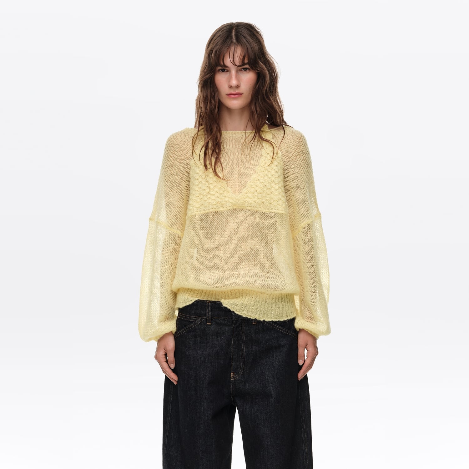 Sweter moher nałożony top jasnożółty