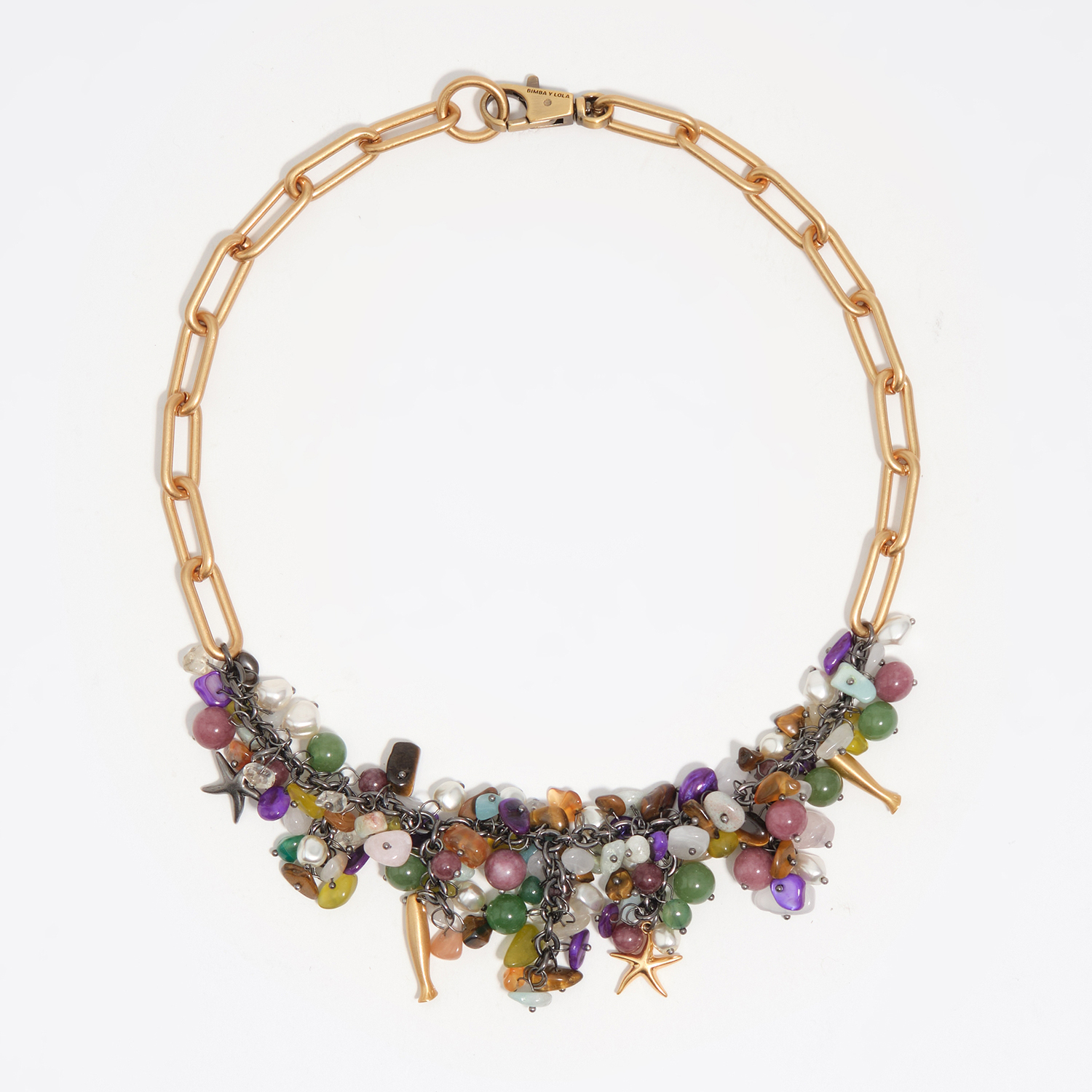 Bimba Y Lola Dark Green Aged Gold Necklace With Stones And Fish