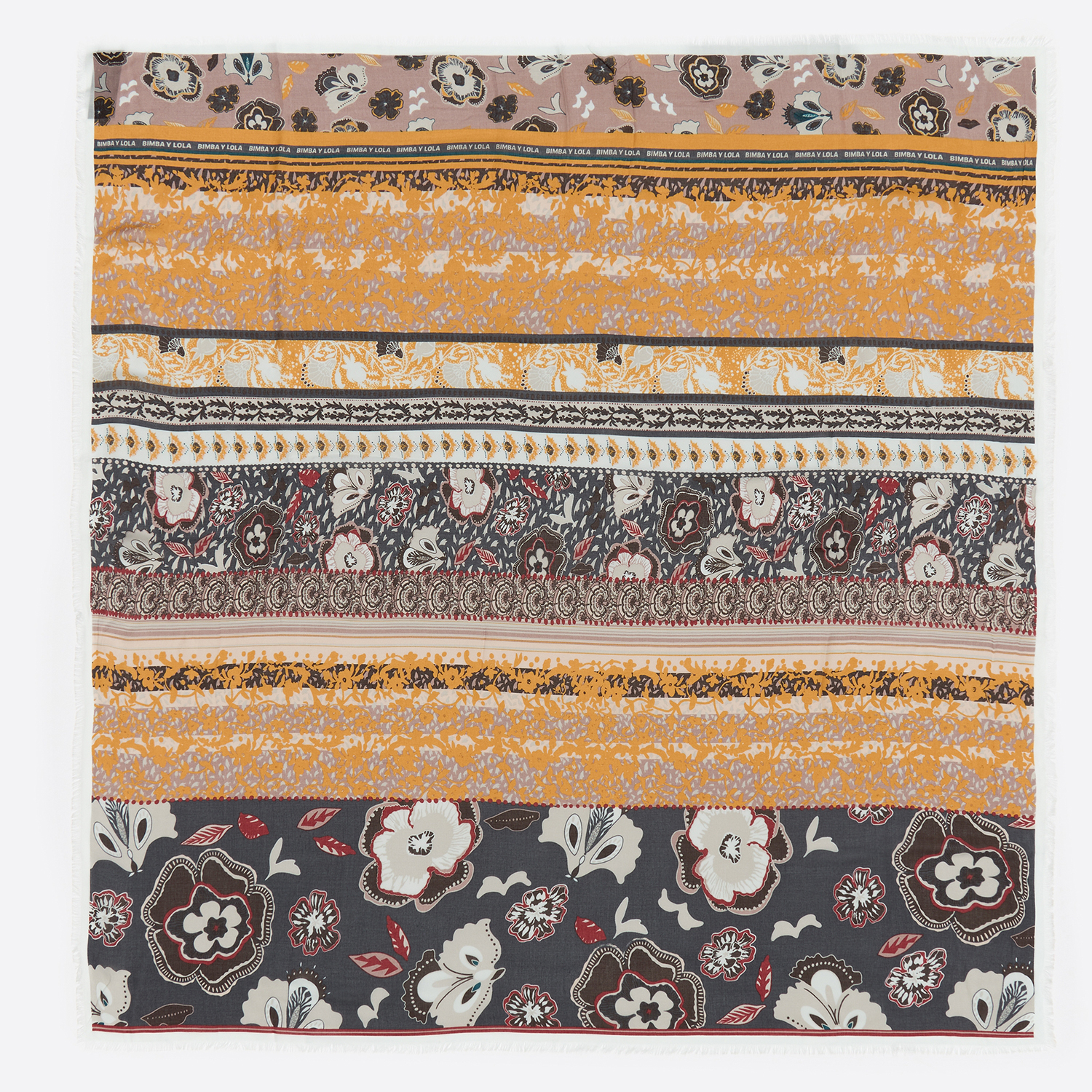 Bimba Y Lola Graphite Striped Shawl With Paisley And Floral Design