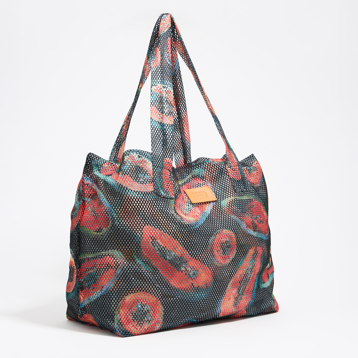 Torba shopper nylon, ze wzorem papaji, czarna