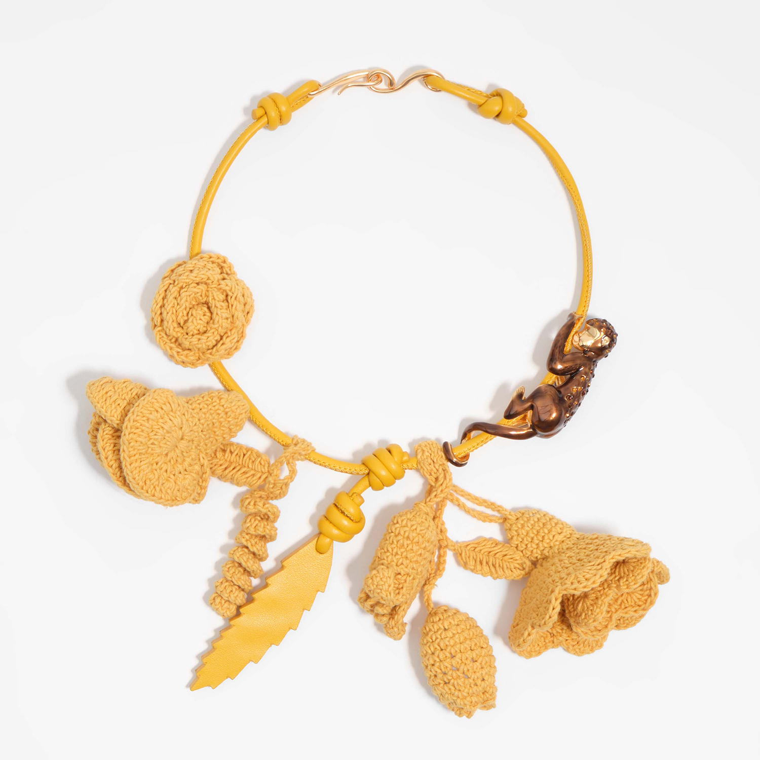 Bimba Y Lola Mustard Monkey And Crochet Flowers Necklace
