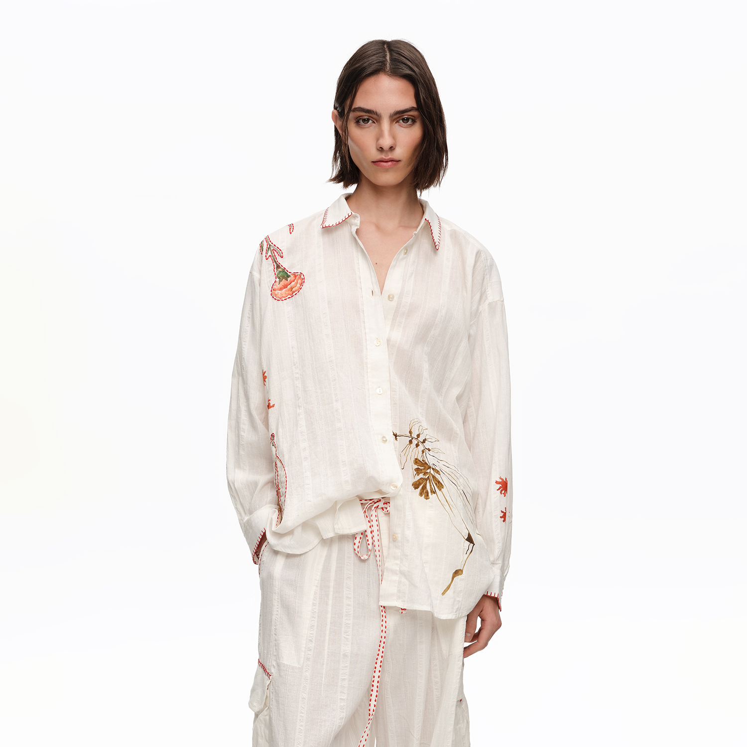 Bimba Y Lola Ivory Cotton Shirt With Stitching And Prints