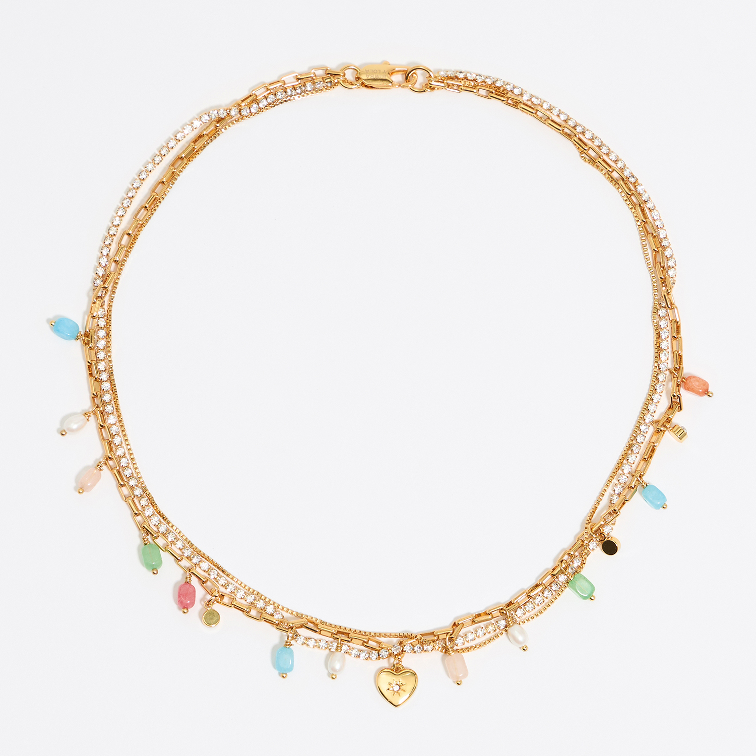 Naszyjnik liczne łańcuszki, kryształek i kamienie