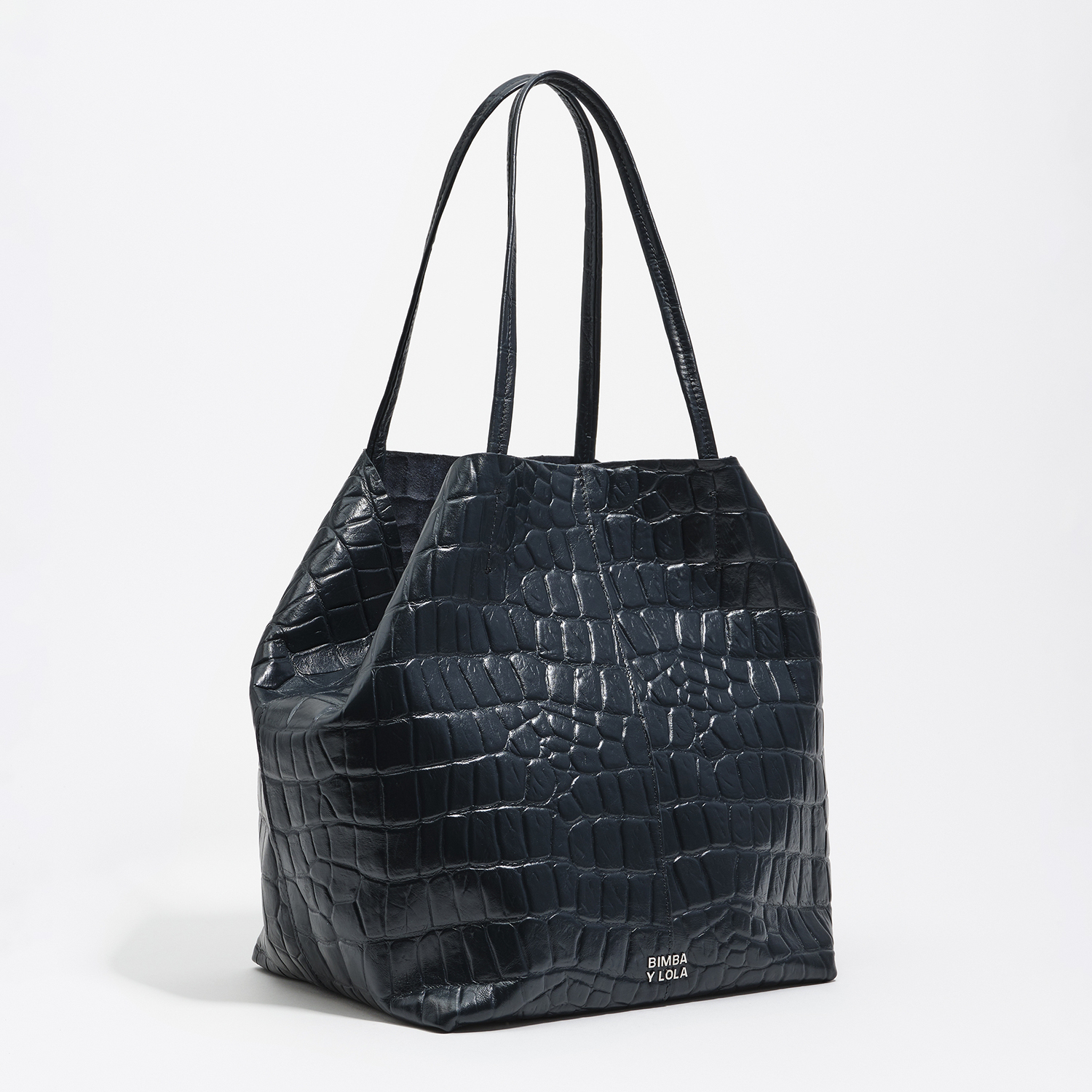 Bimba Y Lola Petrol Blue Large Leather Shopper Bag In Crocodile Embossed
