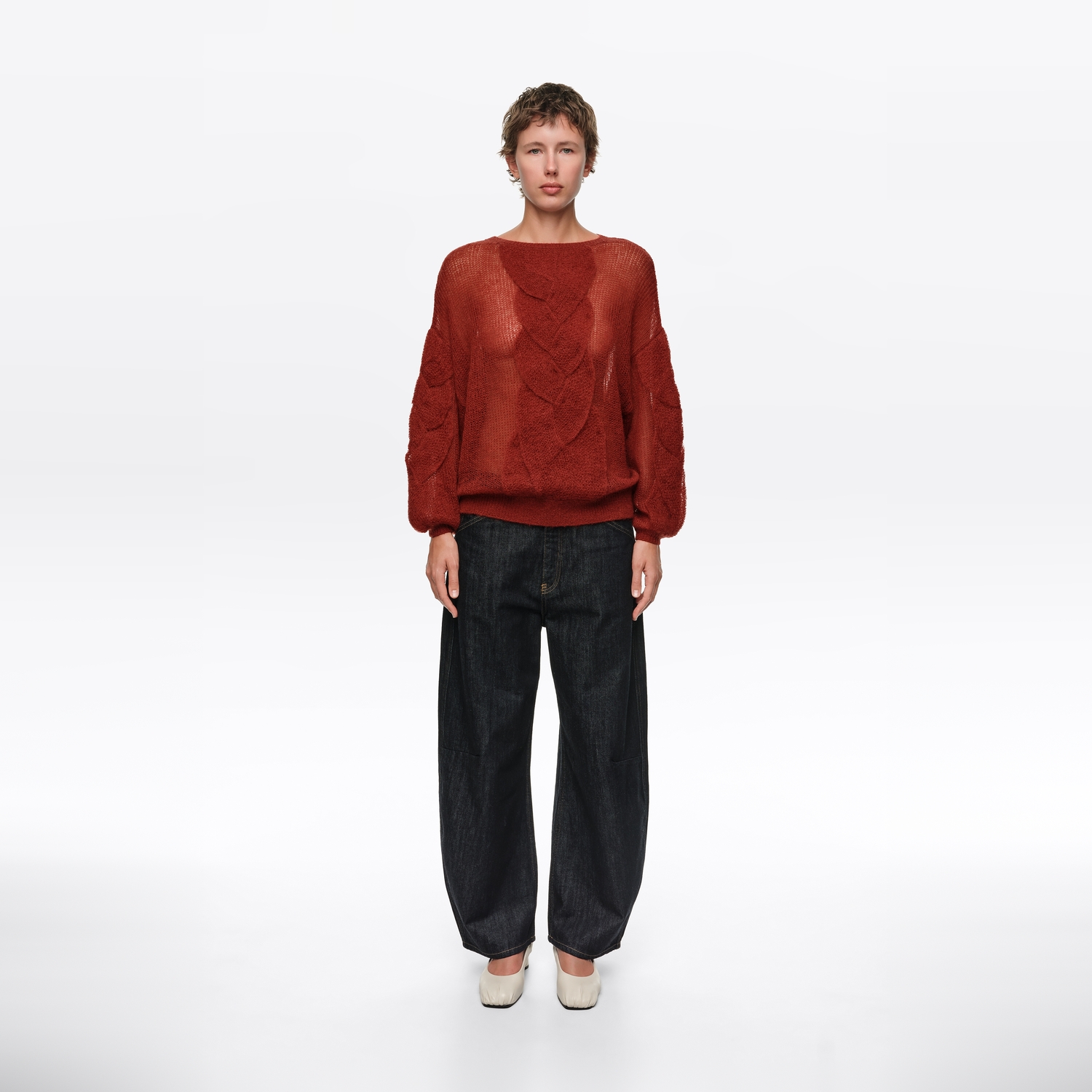 Sweter moherowy splot warkoczowy ceglastoczerwony