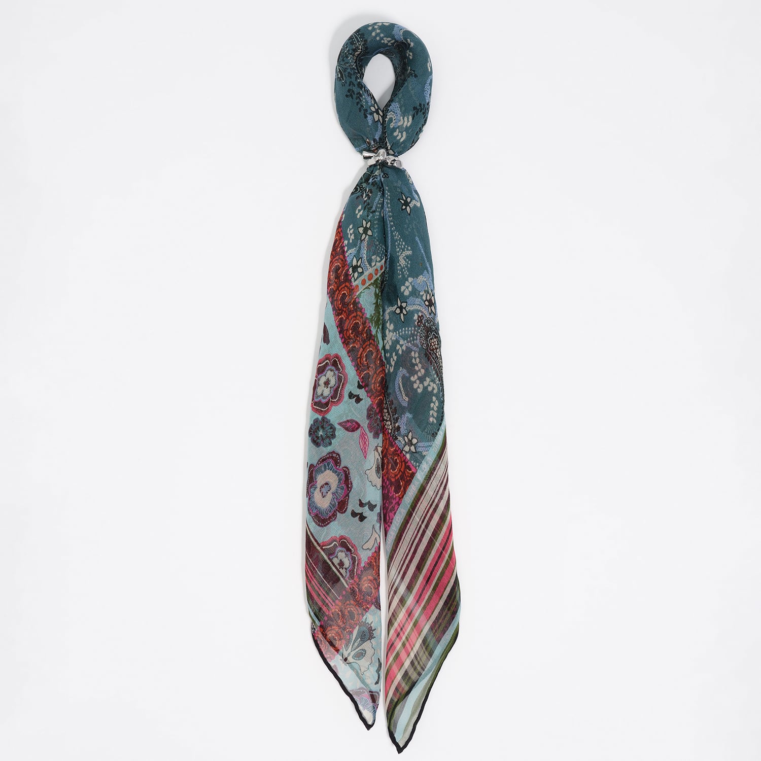 Charms chusta jedwab patchwork paisley i kwiaty akwamaryna