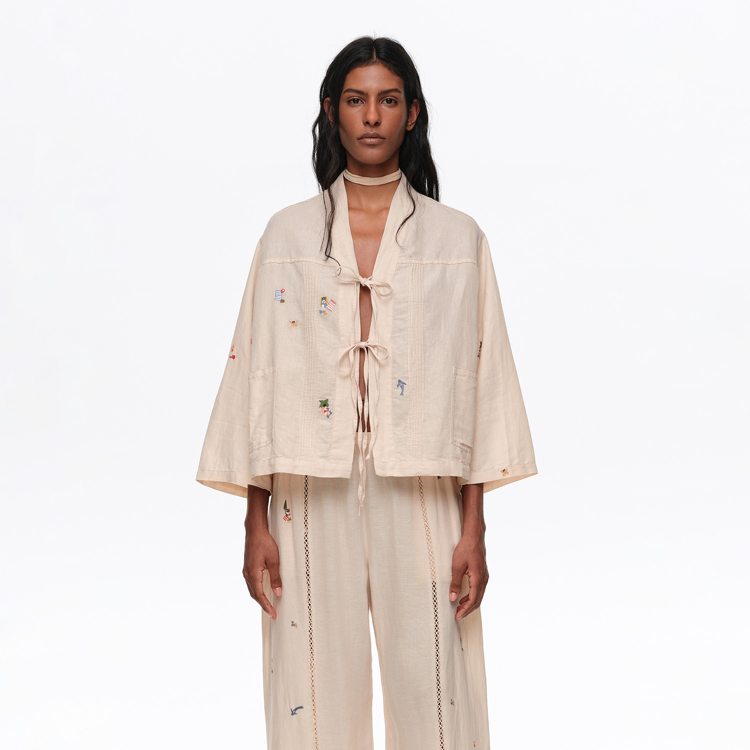 Kurtka kimono mini hafty piaskowa
