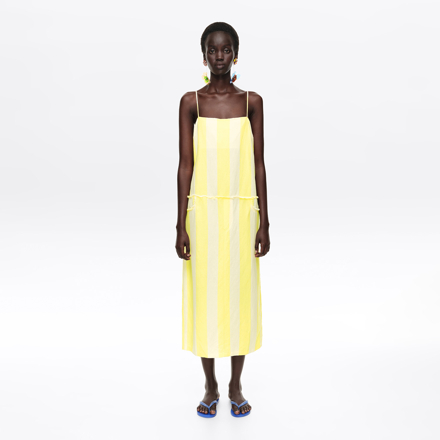 Bimba Y Lola Stripes Limelight Light Lime Straight Linen Striped Dress