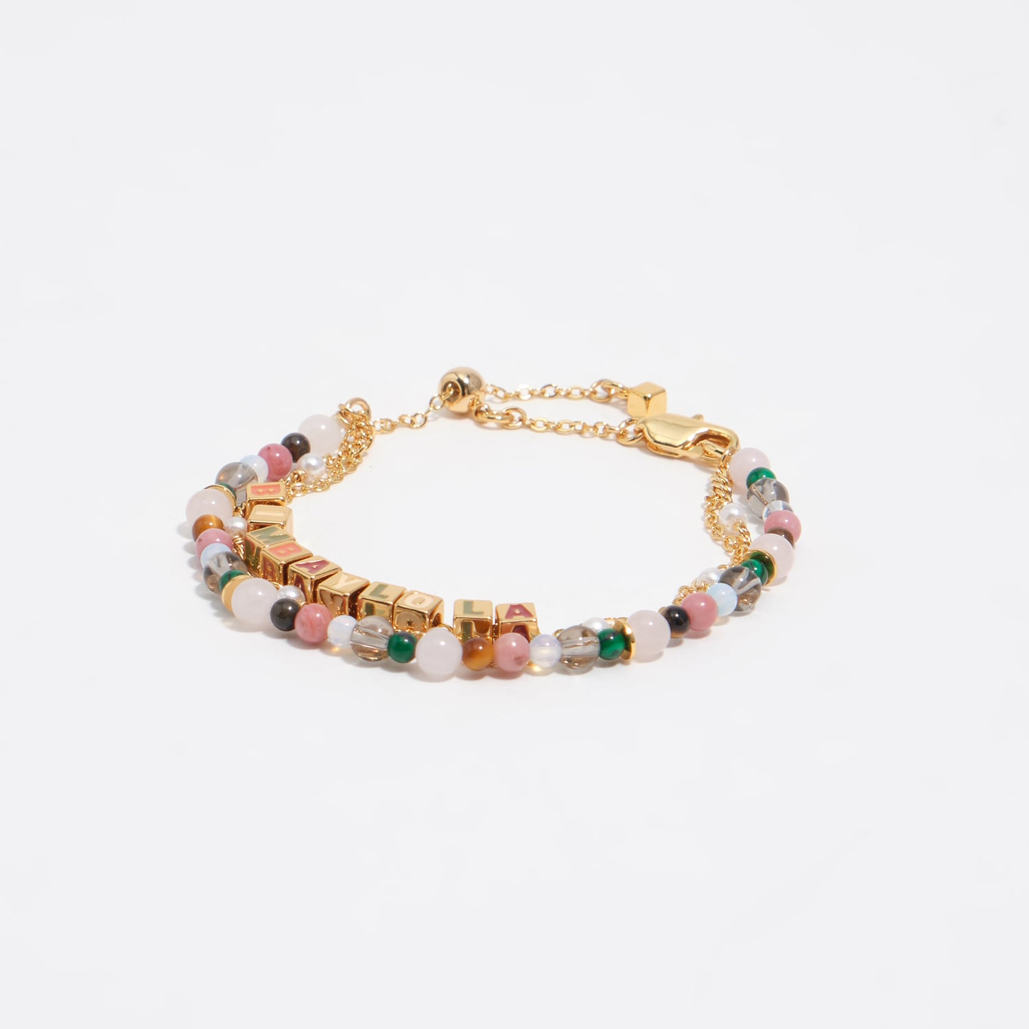 Bimba Y Lola Gold Multicolor Stones And Logo Triple Chain Bracelet