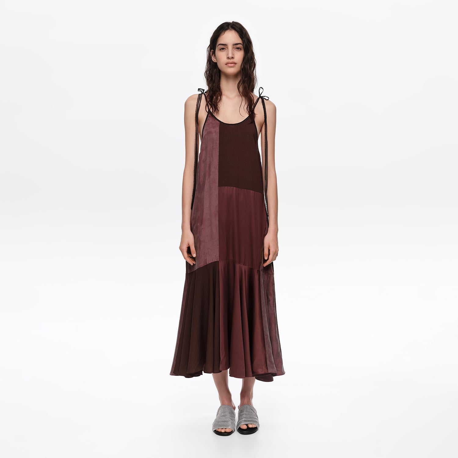 Bimba Y Lola Brown Fluid Patchwork Strappy Dress