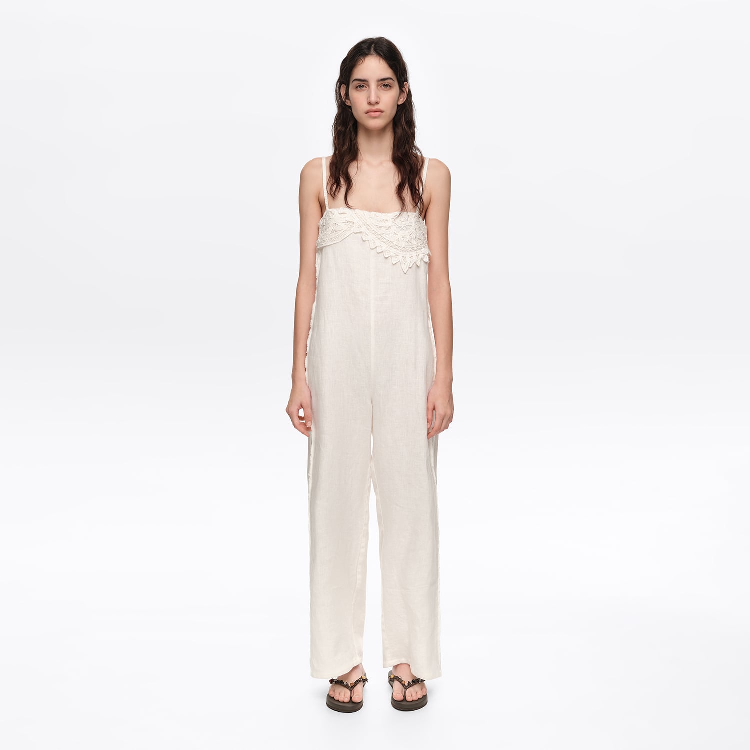 Bimba Y Lola White Linen Crochet Neckline Jumpsuit