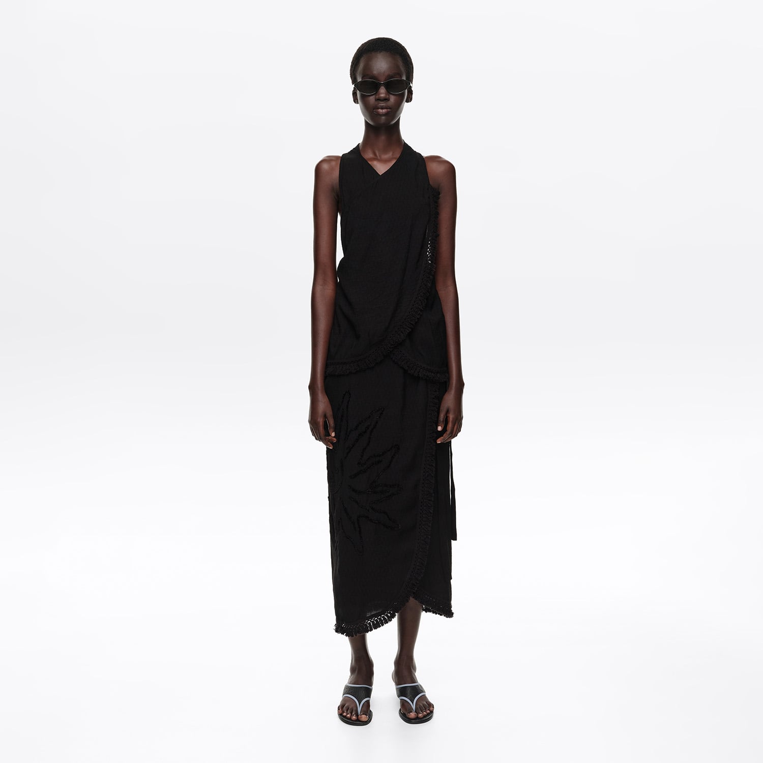 Bimba Y Lola Black Fringed Wrap Midi Dress