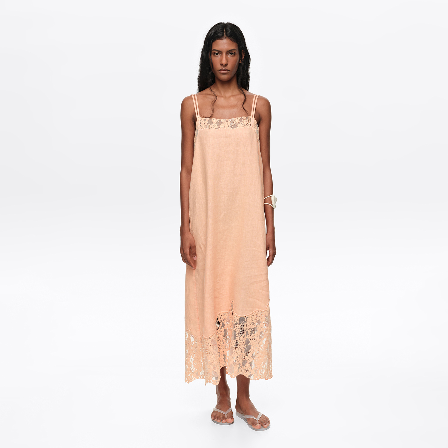 Bimba Y Lola Orange Washed Linen Lace Midi Dress