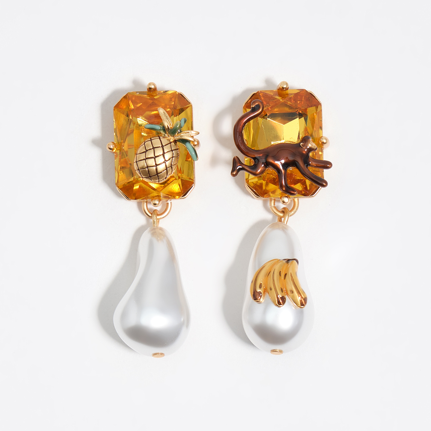 Bimba Y Lola Topaz Yellow Crystal Topaz And Pearl Earrings With Monkey, Pineapple And Banana