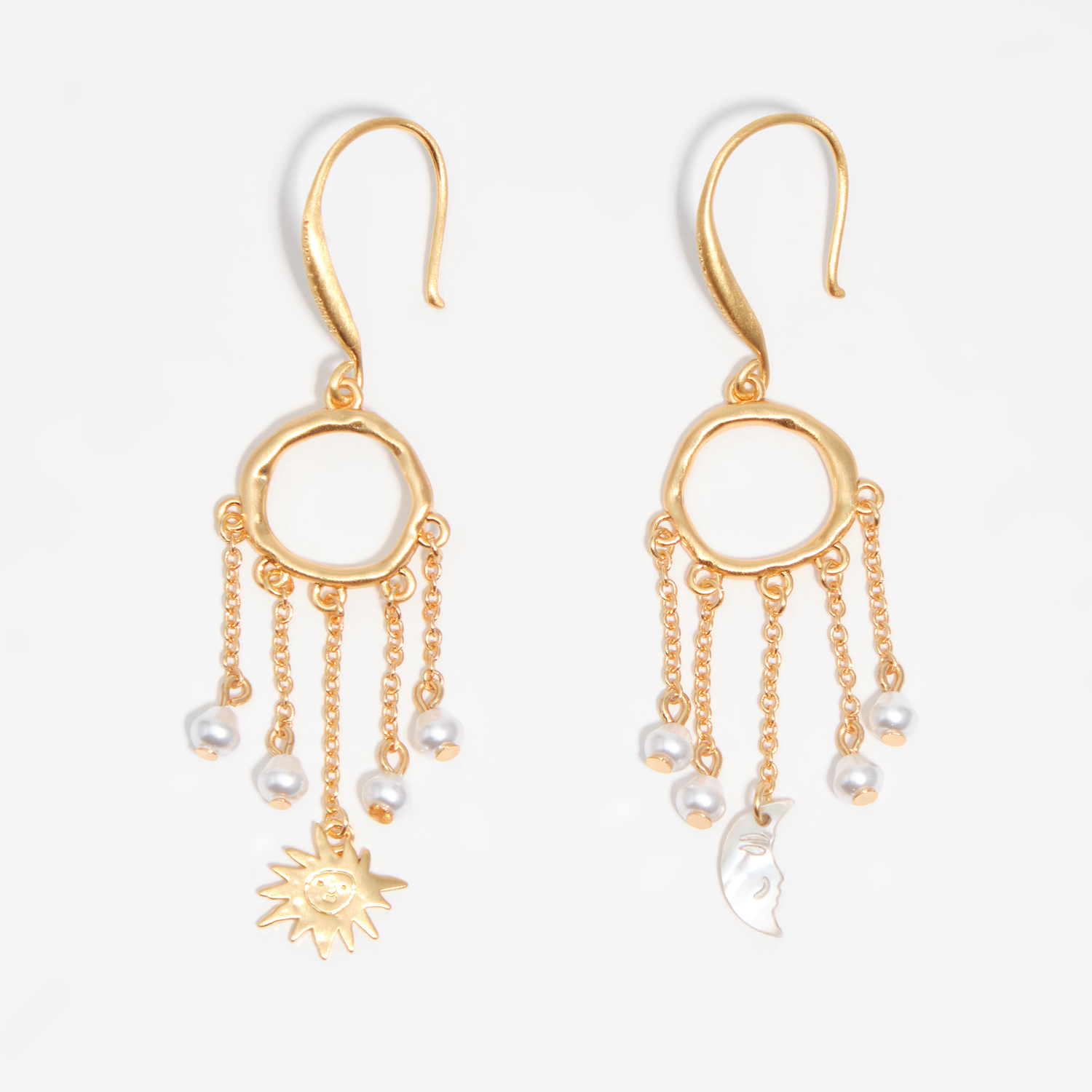 Bimba Y Lola Gold Sun And Moon Earrings With Brushed Chains And Pearls