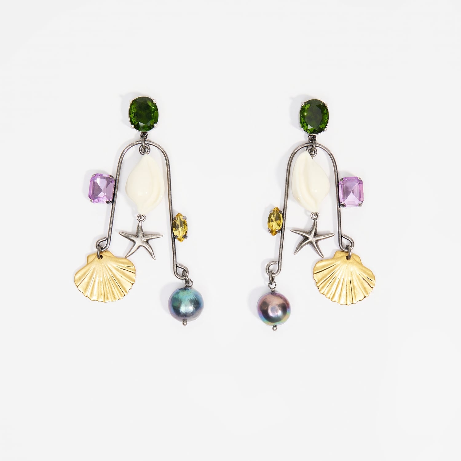 Bimba Y Lola Pearl Aged Silver Seashell And Crystals Earrings