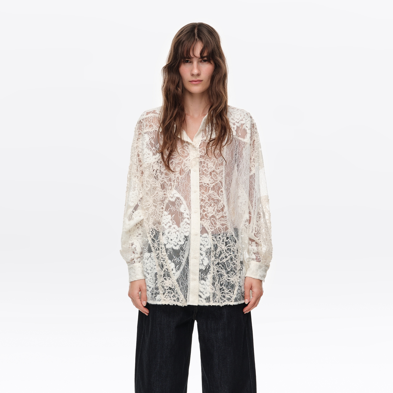 Koszula oversize patchwork koronki kość słoniowa