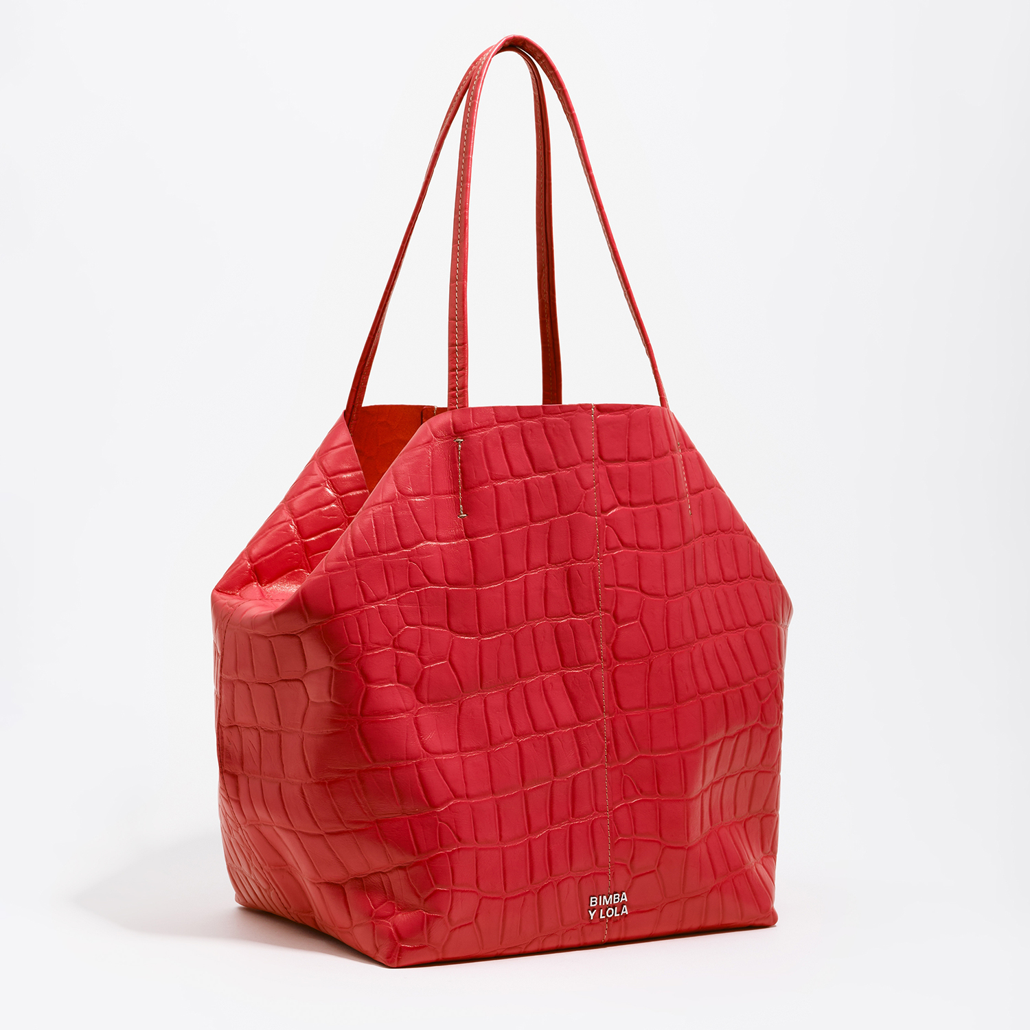 Bimba Y Lola Red Large Leather Shopper Bag In Crocodile Embossed