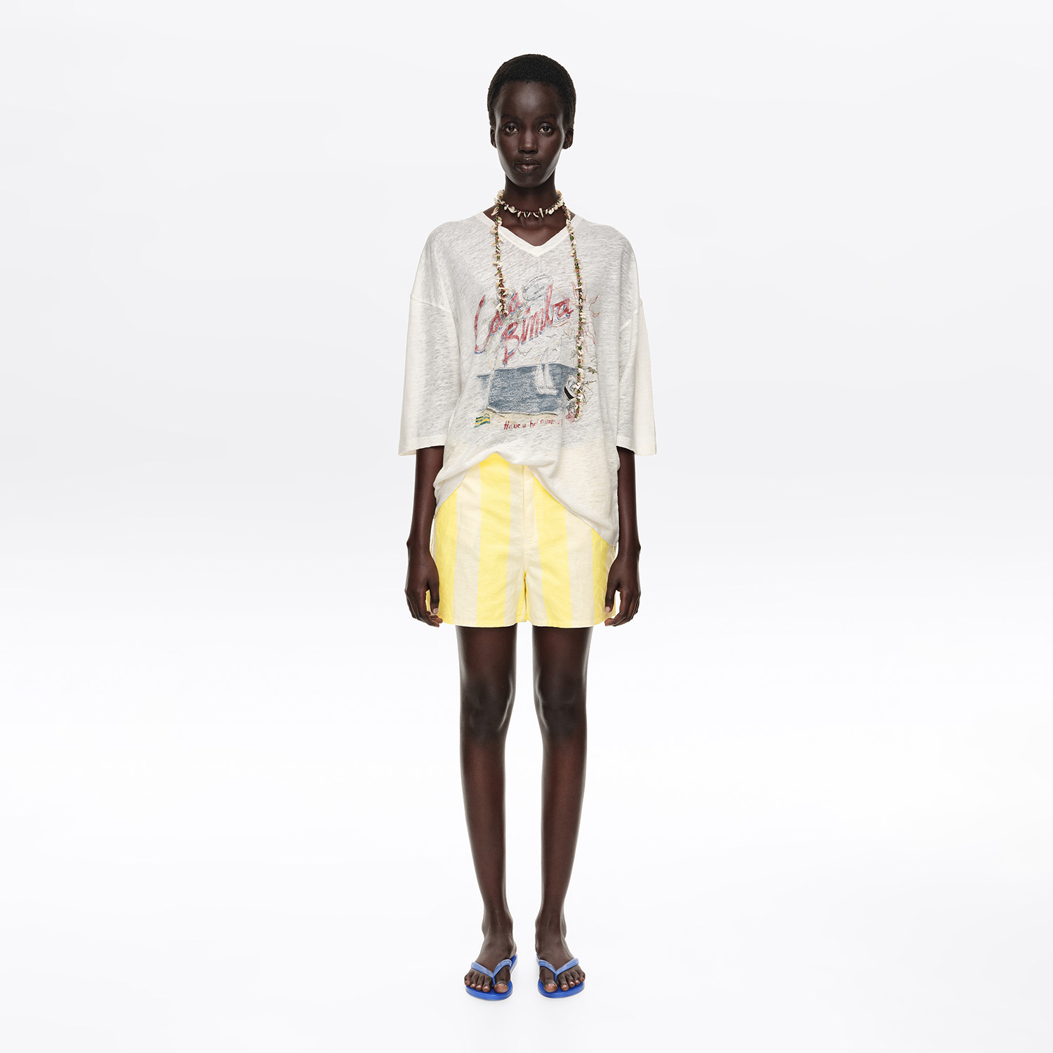 Bimba Y Lola Stripes Limelight Light Lime Striped Linen Fitted Shorts