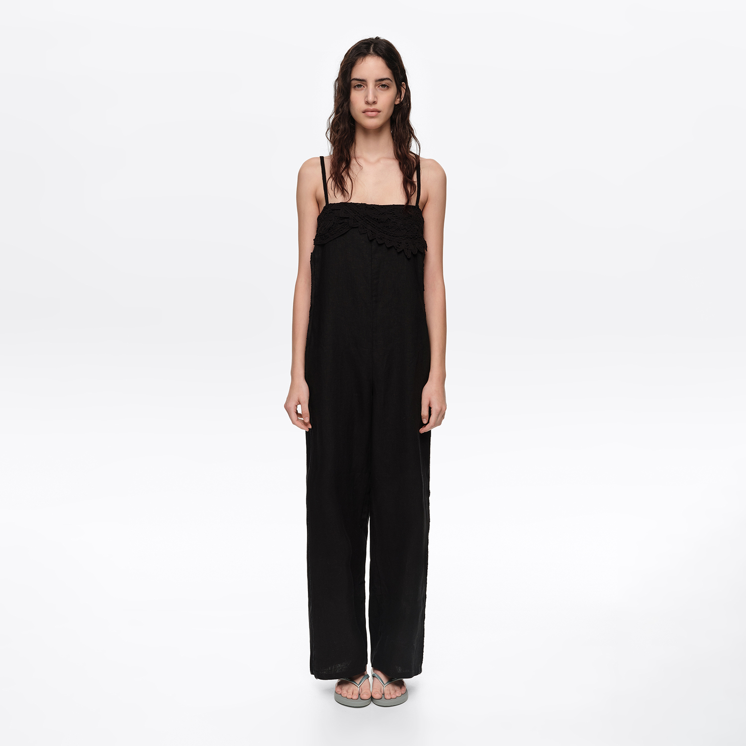 Bimba Y Lola Black Linen Crochet Neckline Jumpsuit